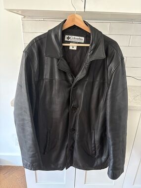 Columbia Black Leather Button-Front Shirt Jacket